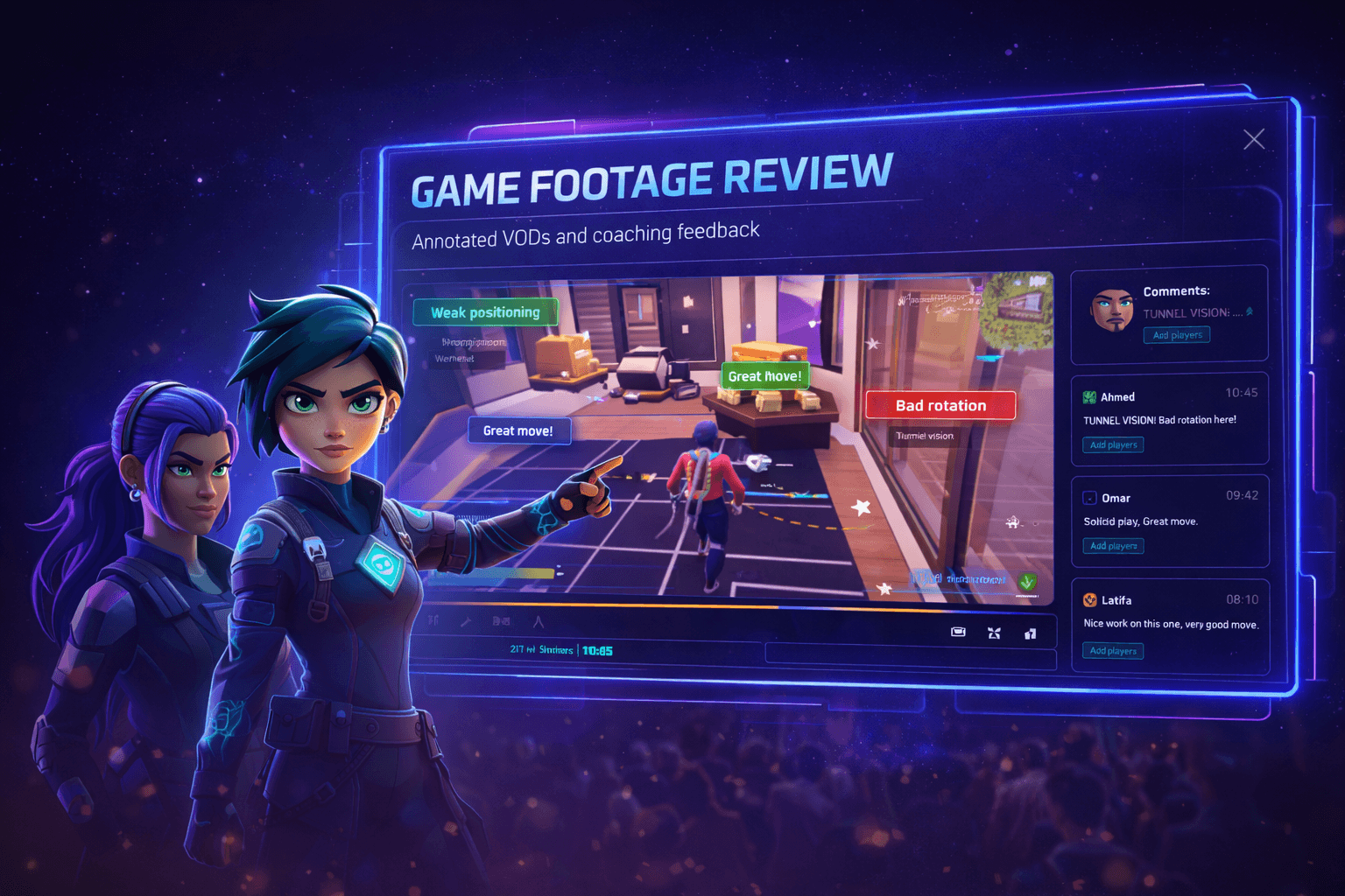 AI-annotated match review with coach feedback in the Global Gaming platform